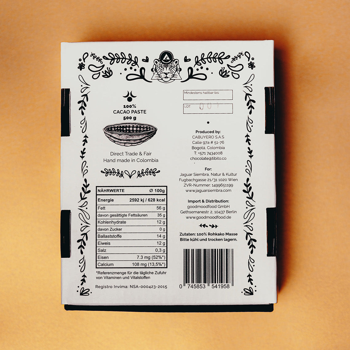 NIEUW: 100% Ceremoniell Kakao, Tayrona - Blok, 500 gr
