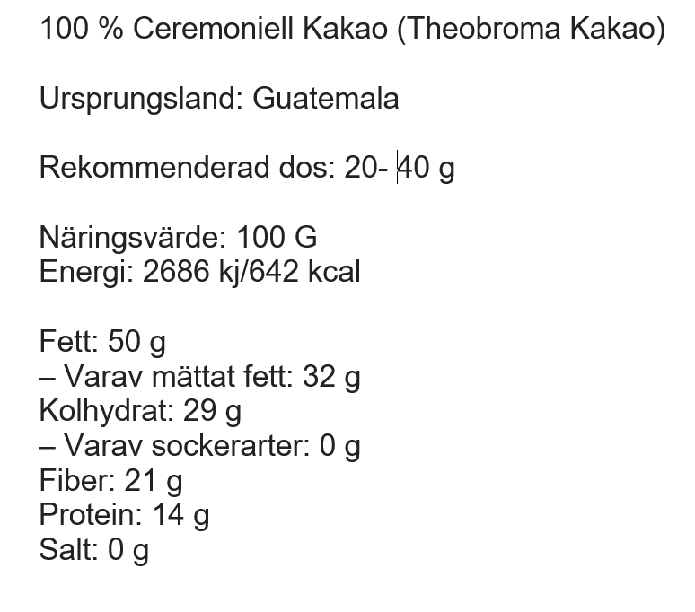 100% Ceremoniell Kakao/ Ceremonial Cacao, Ruk'u'x Ulew – Pulver 454 gr